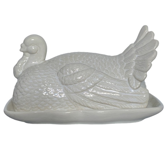 Harvest Covered Butter Dish Thanksgiving Turkey Large With Lid Ceramic NEW White - Picture 7 of 15